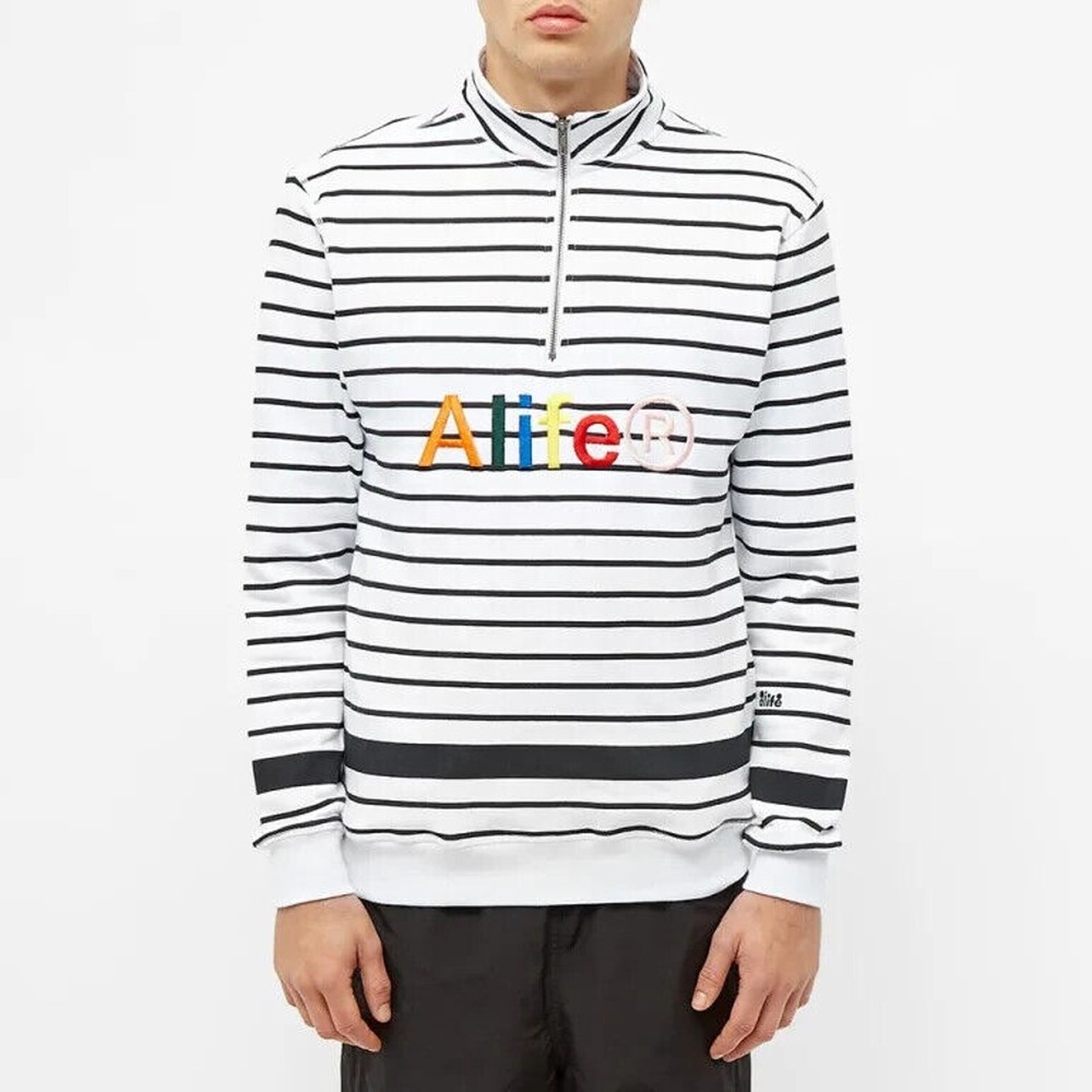 Alife Half Zip Pullover Mens XL White Black Striped Embroidered Logo Sweatshirt‎